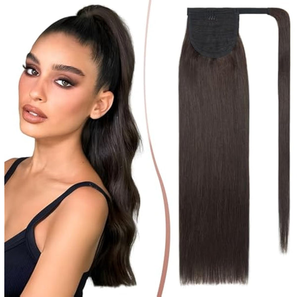 Elailite Human Hair Ponytail Extension Straight - Wrap Around Clip in Real Hair Ponytail 100% Remy Hair (#2 Dark Brown, 14 Inch)