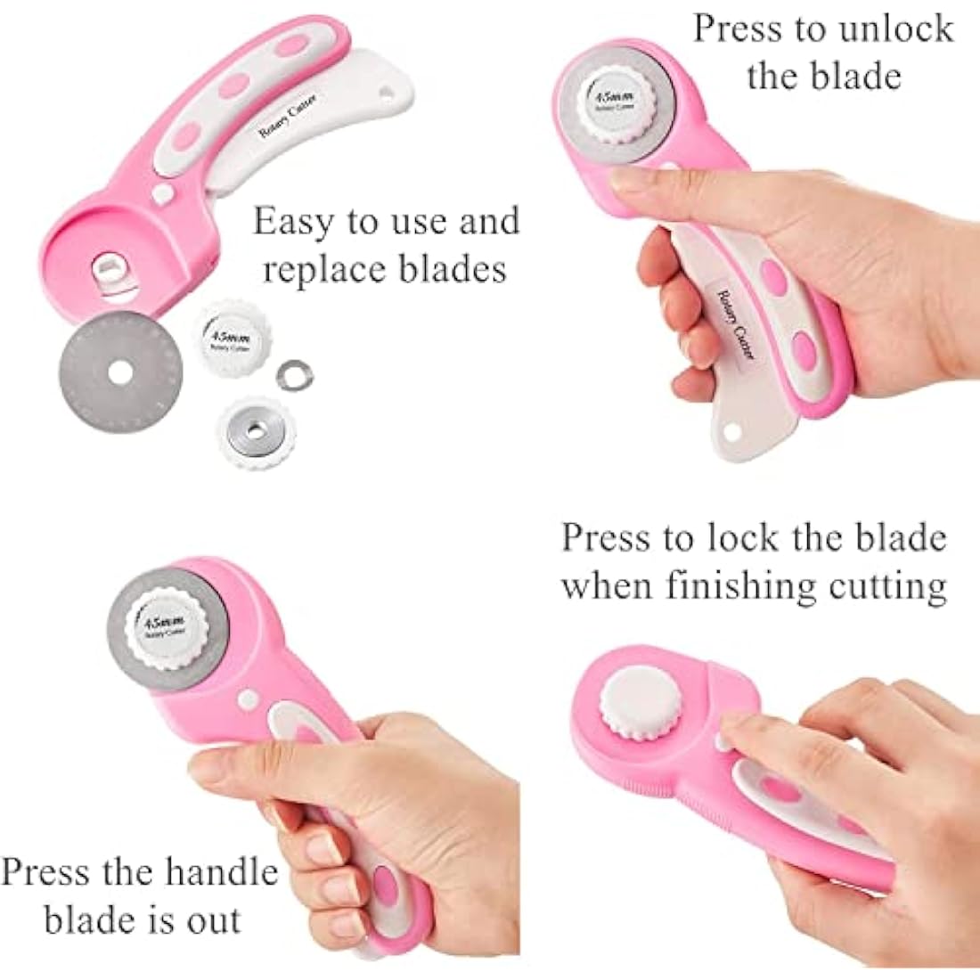 Rotary Cutter Set Pink - Quilting Kit incl. 45mm Fabric Cutter, 5 Extra Rotary Blades, A2 Self Healing Cutting Mat, Acrylic Ruler and Sewing Clips, Scissors, Ideal for Crafting, Sewing, Patchworking