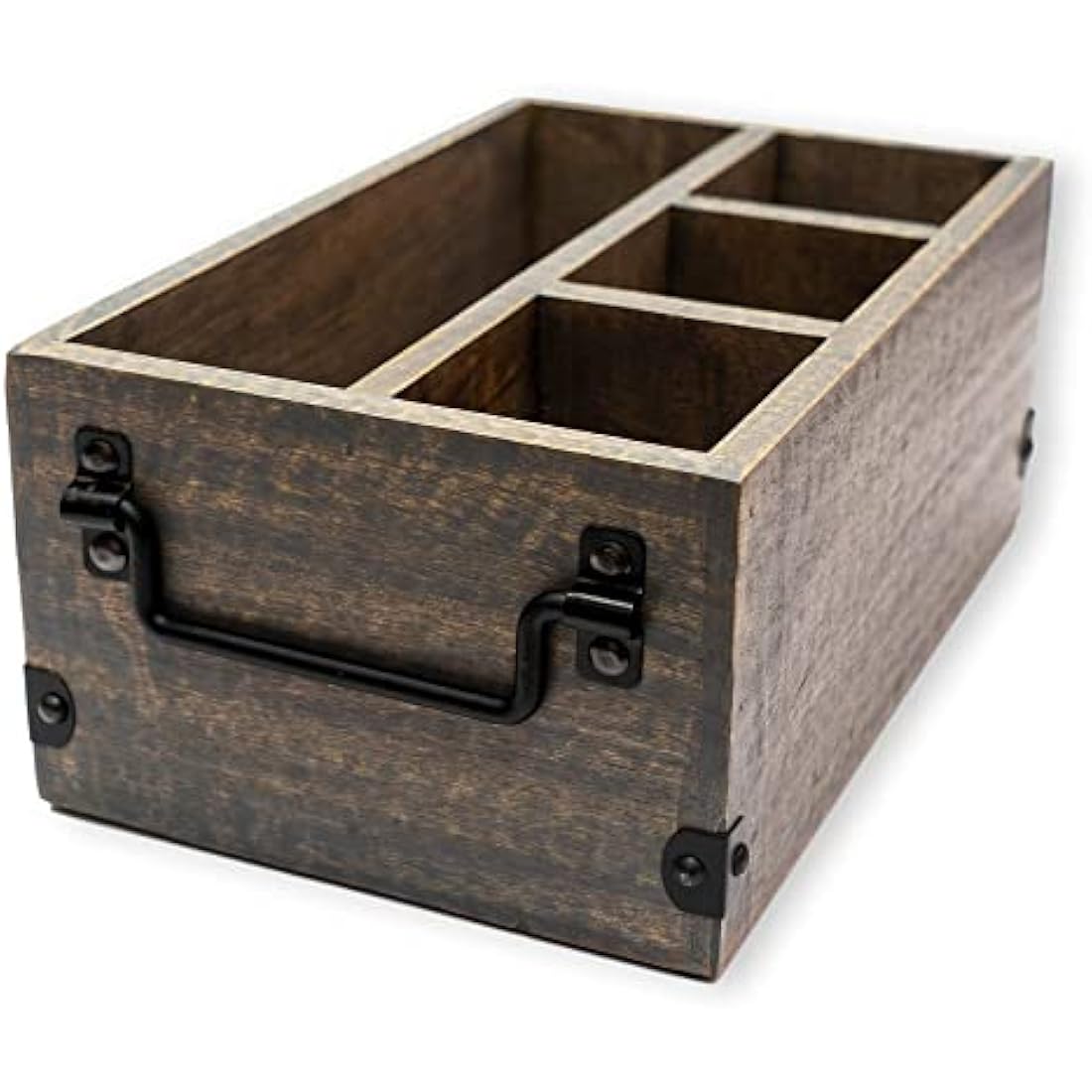 GoCraft 4 Compartment Flatware Caddy, Cutlery Utensil Holder, Silverware Condiment Organizer with Napkin Holder for Kitchen, Dining, Picnics, Grey Washed Mango Wood Caddy with Metal Handles