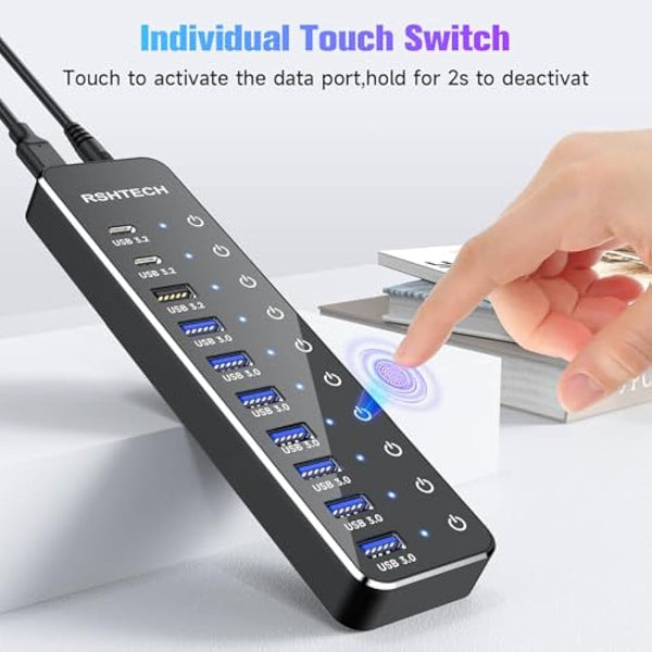 RSHTECH Powered USB-C Hub 3.2, 10-Port USBC Hub with 3x 10Gbps USB 3.2 Data Ports (2C+1A), 7x USB-A 3.0 5Gbps Splitter and 12V/5A (60W) Power Adapter, RSH-ST10C