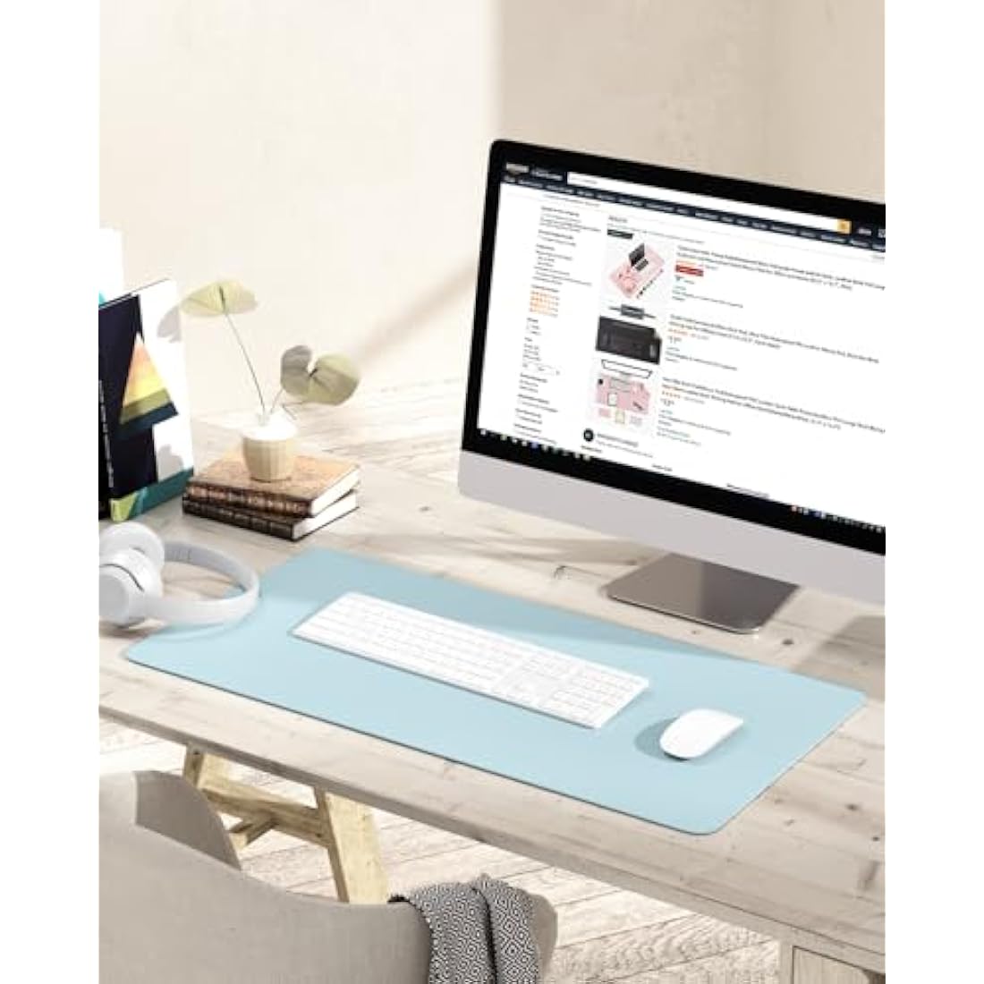 Non-Slip Desk Pad, Waterproof PVC Leather Desk Table Protector, Ultra Thin Large Mouse Pad, Easy Clean Laptop Desk Writing Mat for Office Work/Decor/Home (Light Blue, 80 x 40 cm)