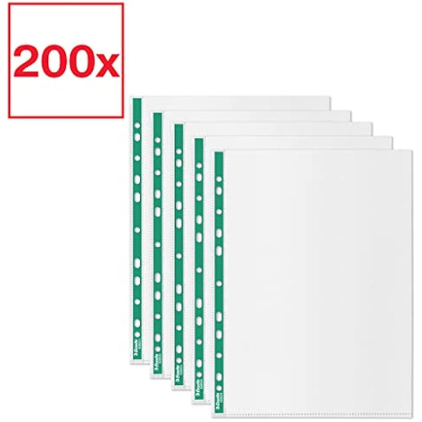 Esselte A4 Punched Pockets, 200 x Poly Pockets, 34 Micron Thickness, Embossed A4 Pockets With Punched Reinforced Green Spine, Ideal For Lever Arch Files & Ring Binders (Pack of 200), 628532