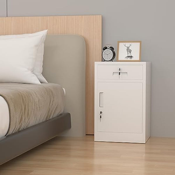 JINGUR Metal Storage Cabinet with Locking Door and Drawer, Lockable Drawer Chest with Adjustable Shelf for Home Office Bedroom Living Room (White)