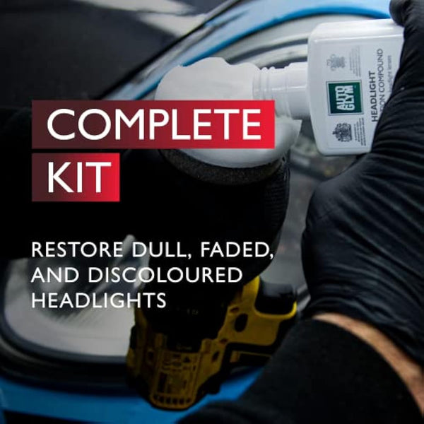 Autoglym Headlight Restoration Complete Kit, Quickly Restore Cloudy And Discoloured Headlights, Designed For Use With An Electric Drill, Includes Sanding Discs, Restoring Compound And Microfibre Cloth