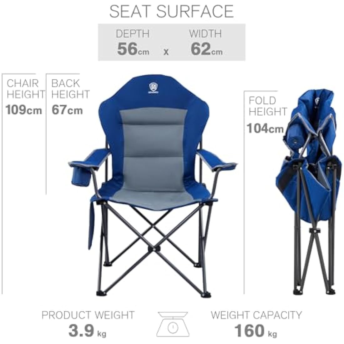 EVER ADVANCED Camping Chairs for Adults Heavy Duty Folding Chair Up to 160kg Oversized with High Back & Cup Holder & Side Pocket Comfy Camp Fold Up Chair