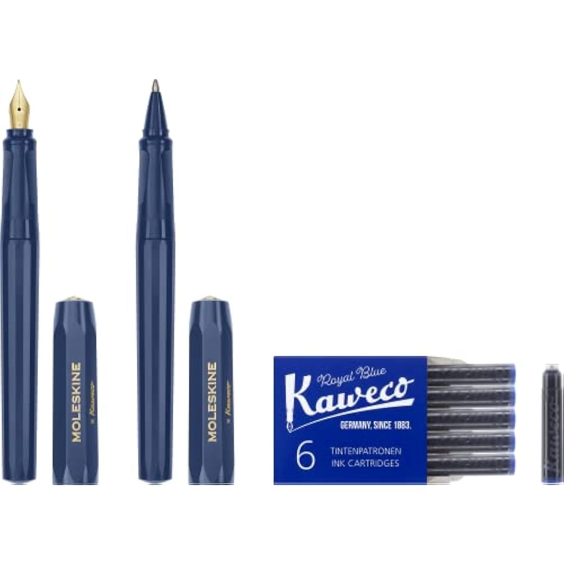Moleskine x Kaweco Fountain Pen in ABS plastic with Gold-Plated Size M Nib and Refillable Ballpen for Writers, Note-Takers, Refill 1.0mm with Blue Ink and 6 Blue Ink Cartridges included, Color Blue