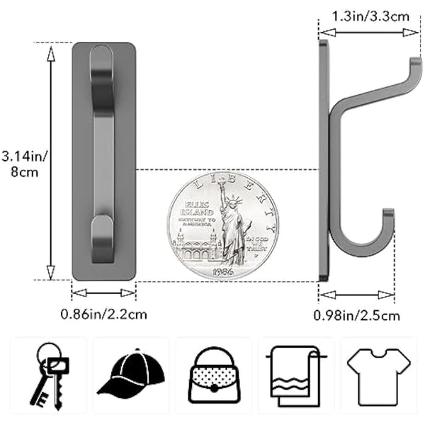 Stick on Hooks for Hanging, Extra Sticky 6KG (Max), Coat Hook on Door for Towel Coat Hat Key, Metal Stainless Heavy Duty, Self Adhesive Hangers Wall Mounted for Bathroom Shower Kitchen, Grey, 4 Pack