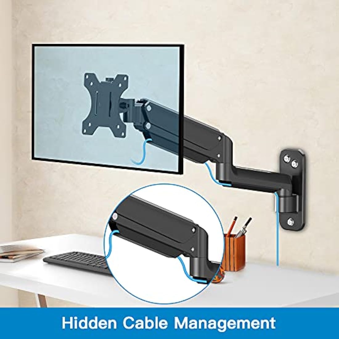 HUANUO 17-32 Inch Monitor Wall Mount Bracket for Computer TV Screens Adjustable Gas Spring Single Monitor Arm Support 8 kg VESA 75x75 mm, 100x100 mm