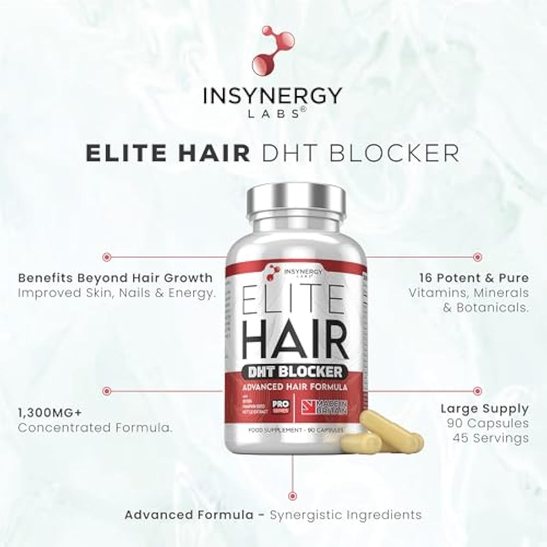 DHT Blocker Elite Hair, Hair Growth Supplement | #1 Advanced Hair Supplements for Women & Men | DHT Blocker Tablets Hair Growth Vitamins | 90 Capsules 16 Ingredients in 1