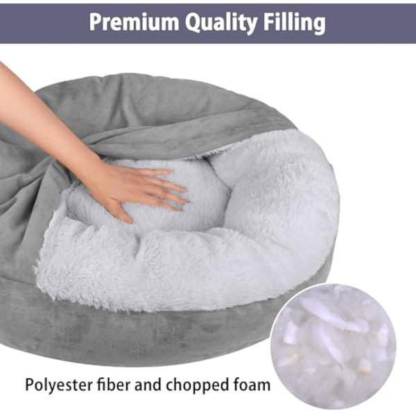 MICOOYO Hooded Dog Bed Large, Cozy Donut Dog Blanket Bed for Doggie, Claming Pet Caved Bed for Cats Puppies (Large, Grey)