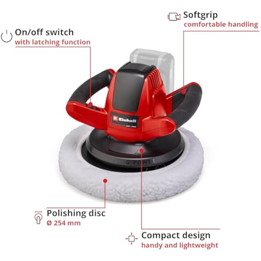 Einhell Power X-Change Cordless Car Polisher And Buffer - 18V, 2500 RPM, Battery Powered 254mm Disc Polisher - CE-CB 18/254 Li Solo Polishing Machine (Battery Not Included), Red