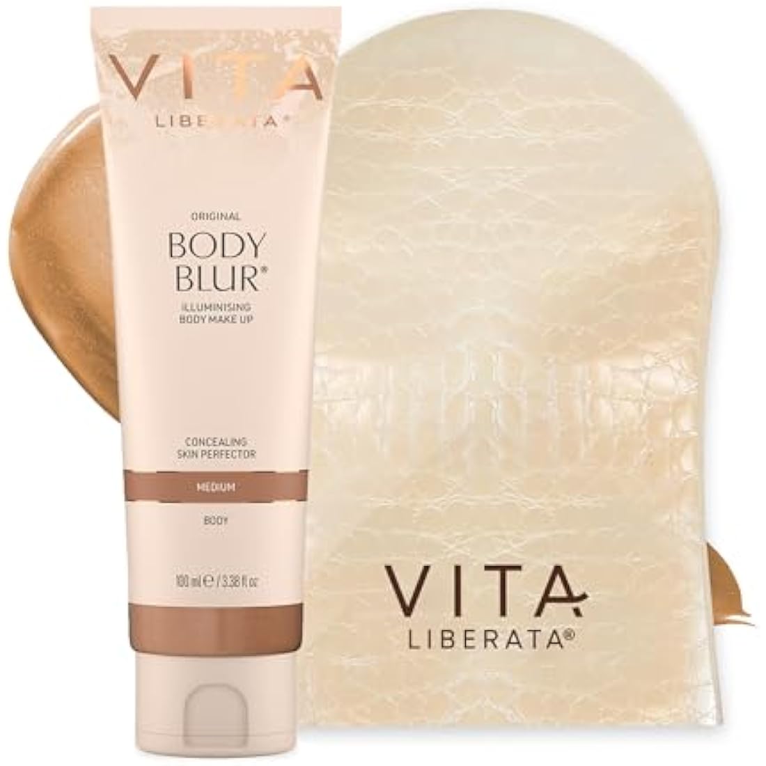 VITA LIBERATA Body Blur Medium 100ml & Mitt Bundle, Leg & Body Makeup, Wash Off Instant Tan, Streak Free Application Blending Mitt, Water resistant, Disguise Imperfections, Flawless Finish