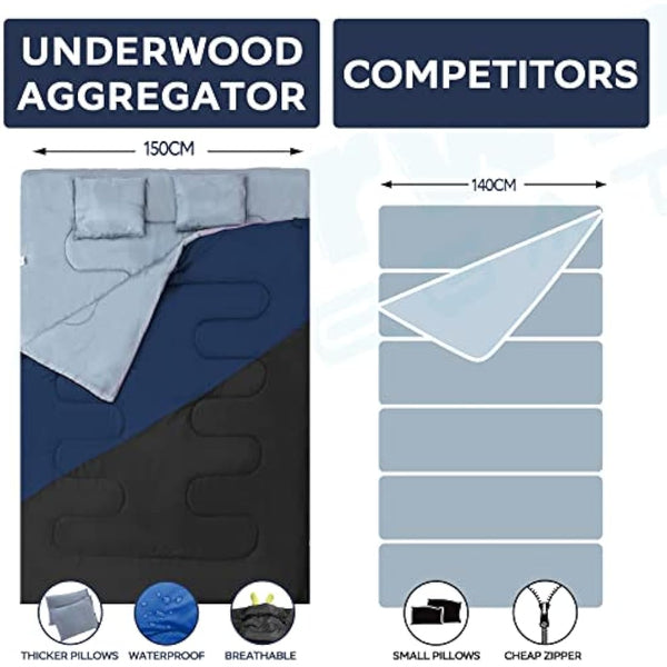 Double Sleeping Bag for Adults and Kids - Lightweight SleepingBag with 2 Pillows, 2 Man Large Sleeping bag for Camping, Waterproof 3 Season Sleeping Bag for Outdoor, Hiking by Underwood-Aggregator