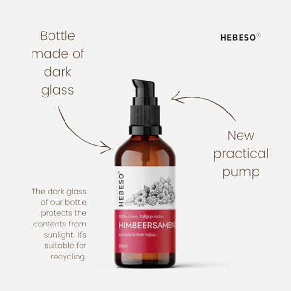 HEBESO - Raspberry seed oil 100% - Cold-Pressed 100ml - Anti-aging, nourishing, rich in vitamins A/E, EFAs - Treats wrinkles, fine lines, dry skin - Face care