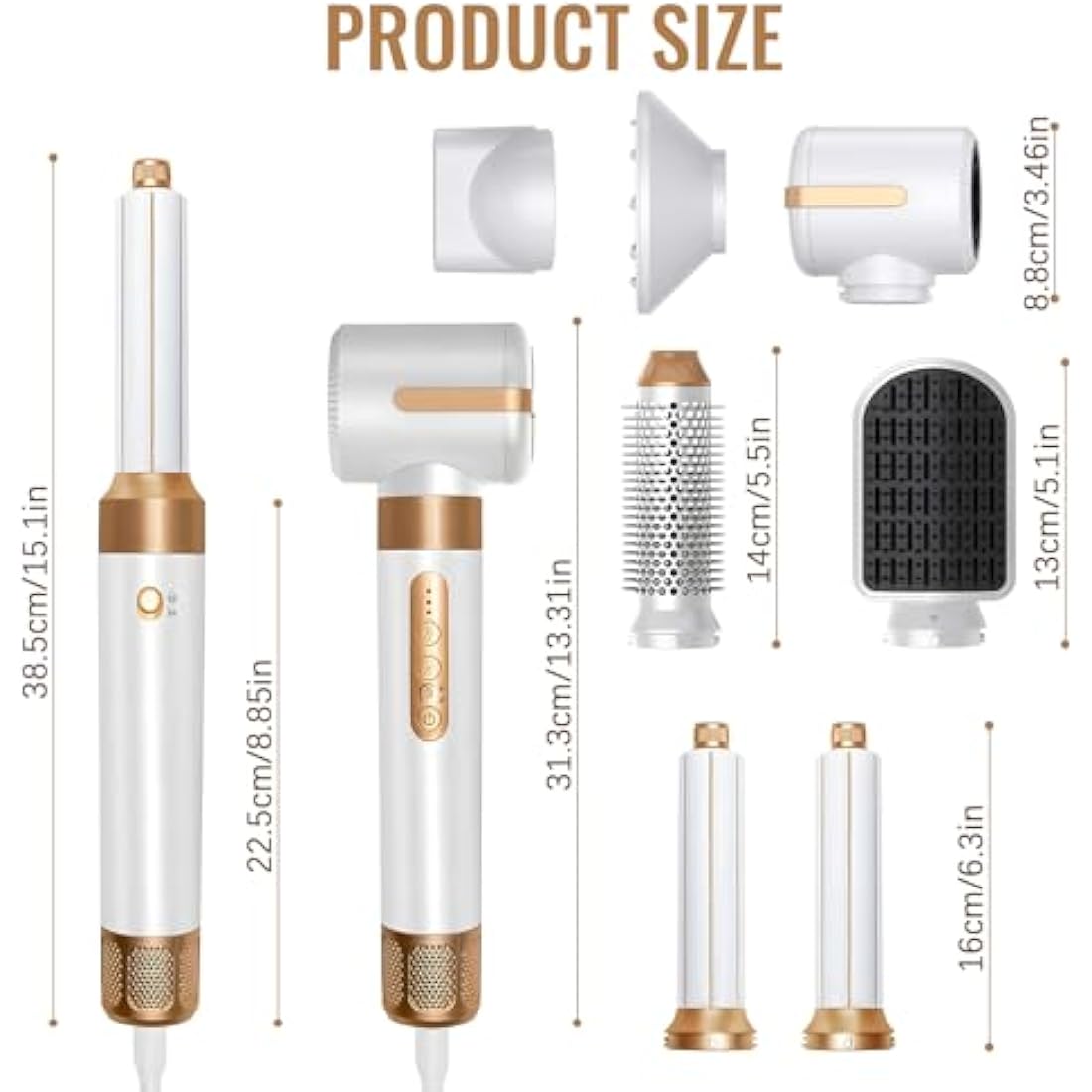 7-in-1 Air Styler, 110000 RPM High-Speed Negative Ionic Hair Dryer with Left and Right Curling Barrel, Straightening Comb, Wind Hood, Concentrator and Curlng Comb, Air stylers for Women (White)