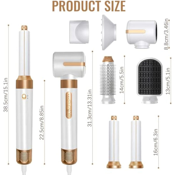 7-in-1 Air Styler, 110000 RPM High-Speed Negative Ionic Hair Dryer with Left and Right Curling Barrel, Straightening Comb, Wind Hood, Concentrator and Curlng Comb, Air stylers for Women (White)