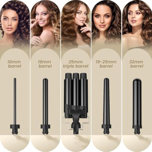 Hair Waver Curling Wand Iron Tong, Chopstick, 5 in 1 Hair Curler for Long Hair 10mm-32mm with 2 Crocodile Clips 1 Anti-Scald Silicone Gloves, PTC Ceramic Triple Barrels LCD 180°C & 210°C