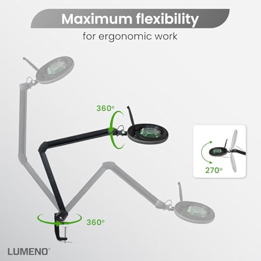 Lumeno 7213SW LED Magnifying lamp, 127 mm Glass Lens, 950 Lumen, 3 diopters, Workstation & Cosmetic lamp, for Beauty Salon, hobbyist, as Reading aid, Magnifying Glass with Table clamp