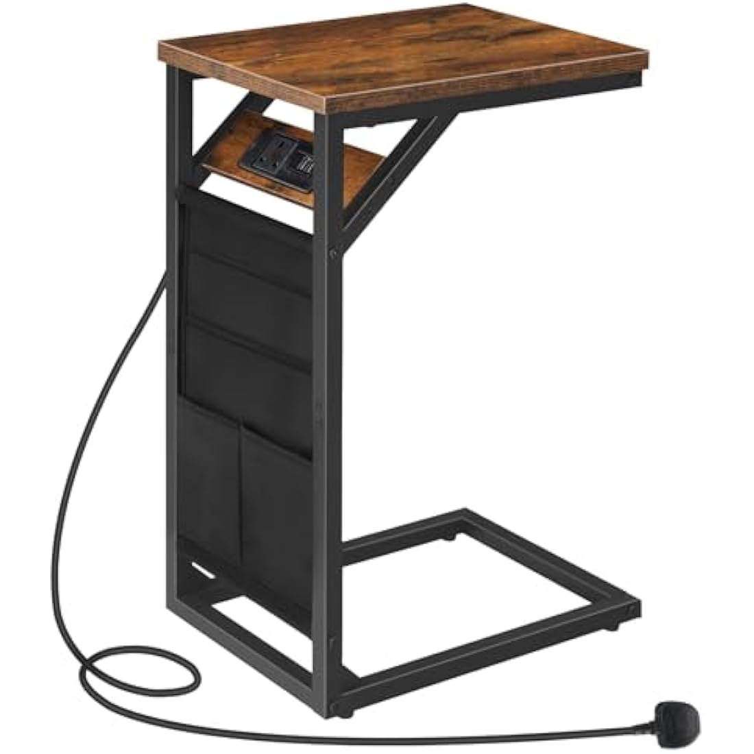 HOOBRO C Shaped Side Table with Charging Station, Sofa Side Table with Storage Bag, Narrow Bedside Table with Power, Laptop Table for Sofa, Small Spaces, Living Room, Rustic Brown and Black EBF28KSF01