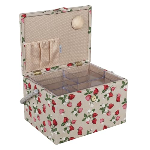 Hobby Gift Exclusive Large Sewing Craft Hobby Storage Box, Accessories Tray Pin Cushion Pocket PVC Handle 23.5 x 31 x 20cm, Strawberries