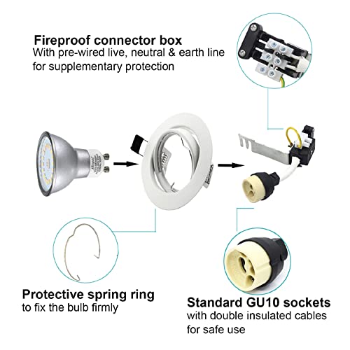 Allesgute 6X 5W LED Recessed Ceiling Lights 30 Tilt GU10 Downlight Matte White Downlights for Ceiling 240V Cool White 6000K, Cutout 70-80mm