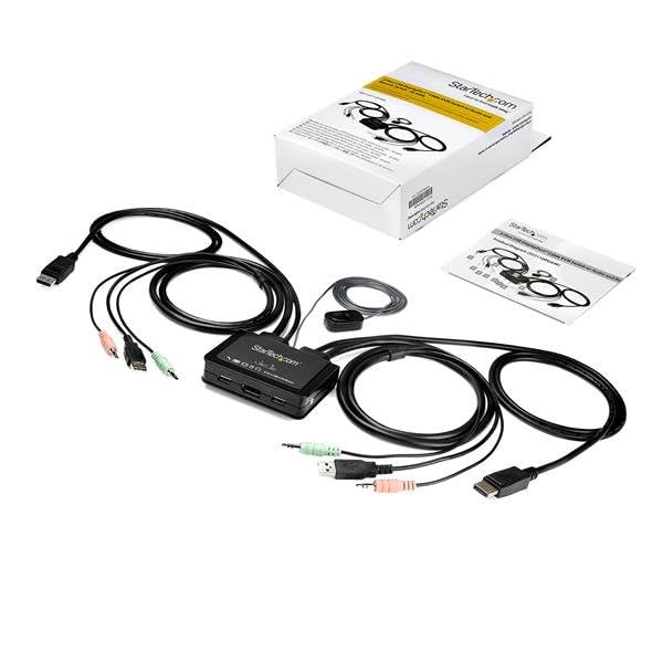 StarTech.com 2-Port Dual-Monitor DisplayPort Cable KVM Switch, 4K 60Hz, Compact KVM with 5ft/1.5m USB-A/DisplayPort/Audio Integrated Cables, Bus Powered, Remote/Hotkey Switching (C2-DD46-UA2-CBL-KVM)