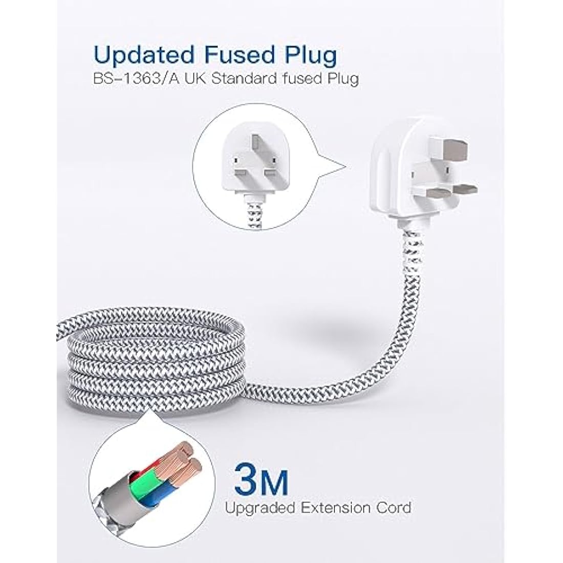 Addtam 3M Extension Cable, Extension Lead with 6 Way Outlets 5 USB(5A, 1 USB C and 4 USB A Ports), 3250W Overload Protection, 3M Braided Extension cord, Surge Protection Plug Extension Socket