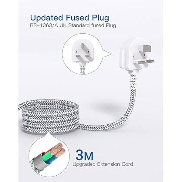 Addtam 3M Extension Cable, Extension Lead with 6 Way Outlets 5 USB(5A, 1 USB C and 4 USB A Ports), 3250W Overload Protection, 3M Braided Extension cord, Surge Protection Plug Extension Socket