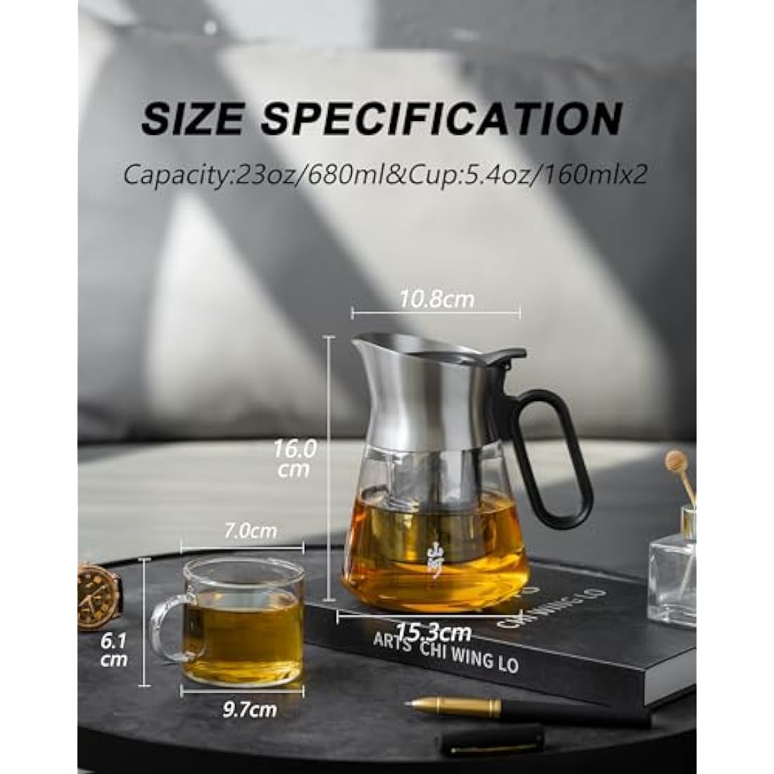 ZENS Glass Tea Infuser Teapot with 2 Cups, 680ML Small Loose Leaf Teapot with Stainless Steel Spout for Herbal Tea Diffusers, Design Oval Handle Clear Tea Infusers Pot for Tea Lovers Gifts