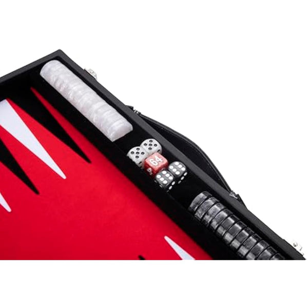 Engelhart - 250507 - Luxury Backgammon - Red - 38 cm - 15 Inches - Faux Leather - Felt Inlay - Pearl Dice and Chips + 2 Cups - Strategy - Backgammon Game