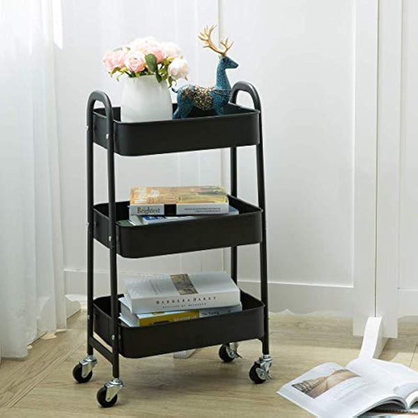 DOEWORKS Storage Trolley on Wheels Metal 3 Tier Trolley Cart Kitchen Trolley Craft Trolleys Beauty Trolleys Rolling Storage Utility Cart for Books Room Bathroom Office, Black