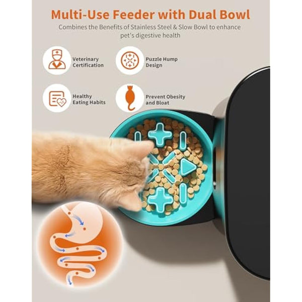 HoneyGuaridan Automatic Cat Feeder with Timer, 3.5L Dry Cat Food Dispenser, Timed Dog Feeder with Stainless Steel & Slow Feeder Bowl, Dual Power Supply with Desiccant, 1-6 Meals/day for Cats Dogs