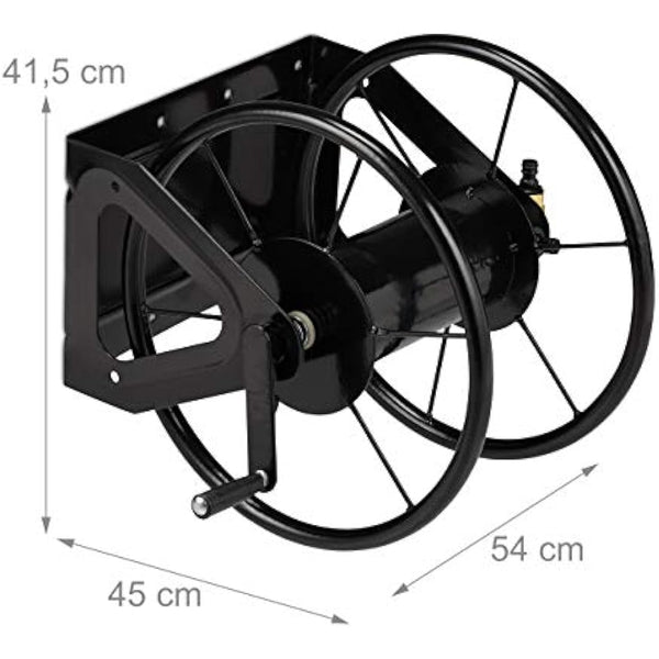 Relaxdays Hosepipe Reel Wall-mounted, Holder With Crank, For 60 m Hose Pipes, Steel, HWD: 41.5 x 54 x 45 cm, Black