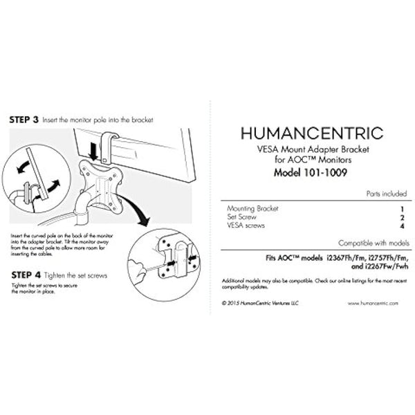 HumanCentric VESA Mount Adapter Bracket for AOC i2367Fh/Fm/F, i2757Fh/Fm, i2067f, and i2267Fw/Fwh