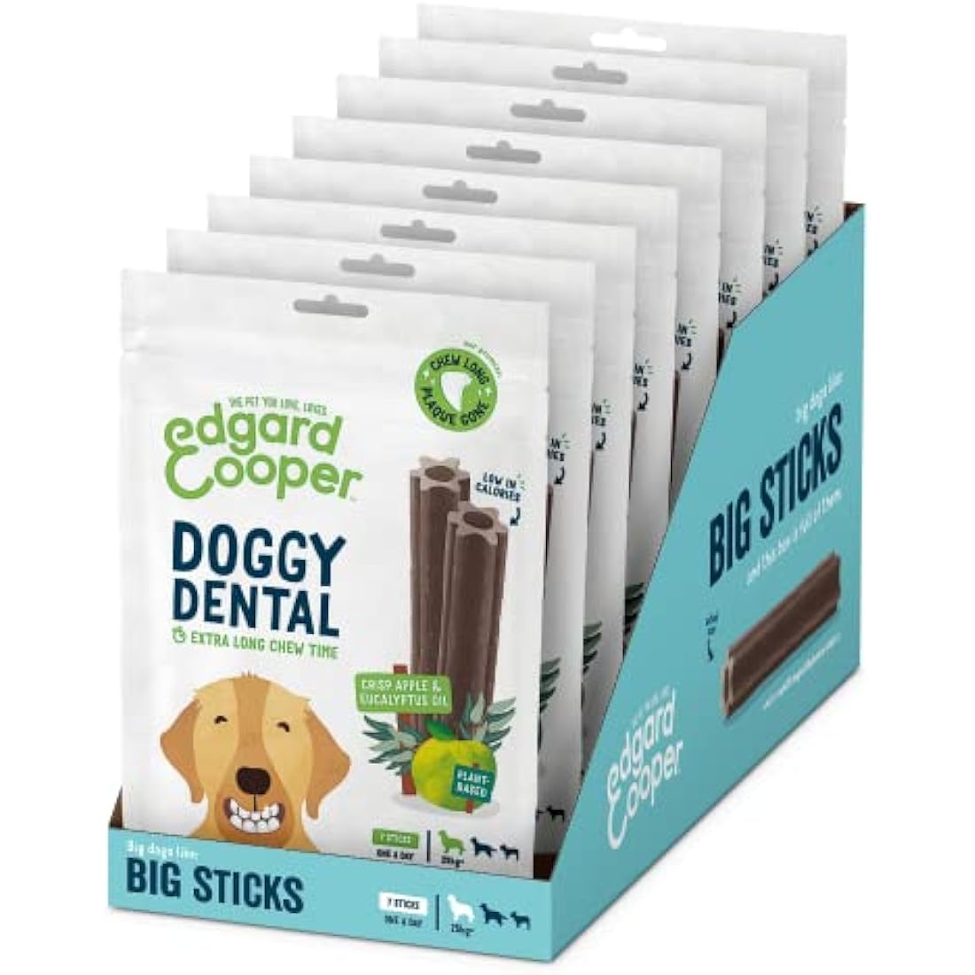 Edgard Cooper Treats Dental Stick, Large - Eucalyptus & Apple - (8 x 7 stick pack), Natural Dog Chew Sticks, Dental Hygiene, One per Day, Low Calorie, Long Chewing, Fresh Breath