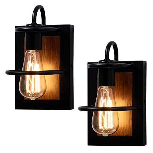 Farmhouse Wall Sconces Lamp Set of Two,Modern Industrial Wall Sconces Lighting Indoor with E26 Base Faux-Wood Color Matte Black Finish,Vintage Wall