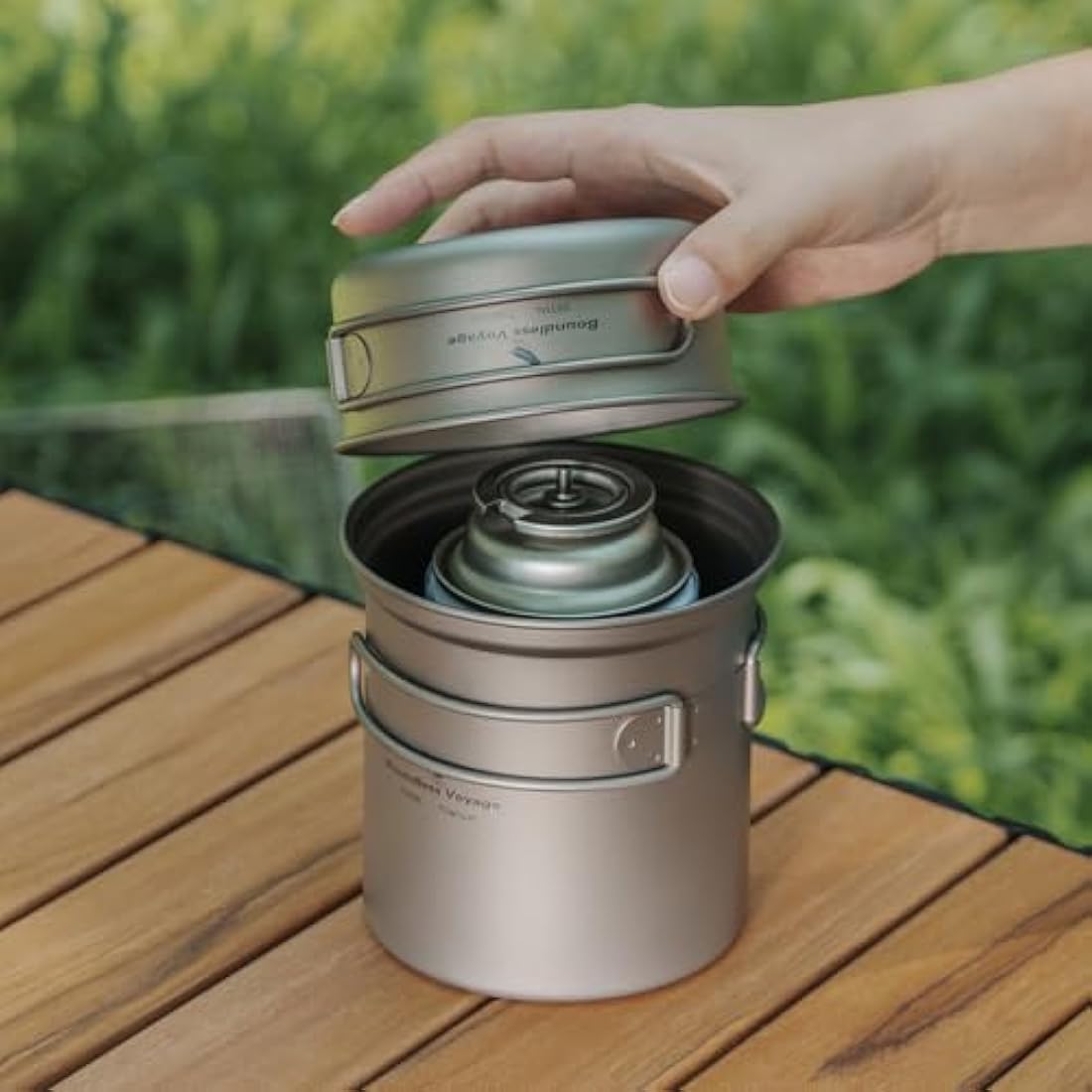 iBasingo Titanium Camping Pots Pans Set Lightweight Outdoor Backpacking Cookware with Folding Handle Compact Cooking Mess Kit Portable Travel Cookset, Rust-proof, Non-toxic