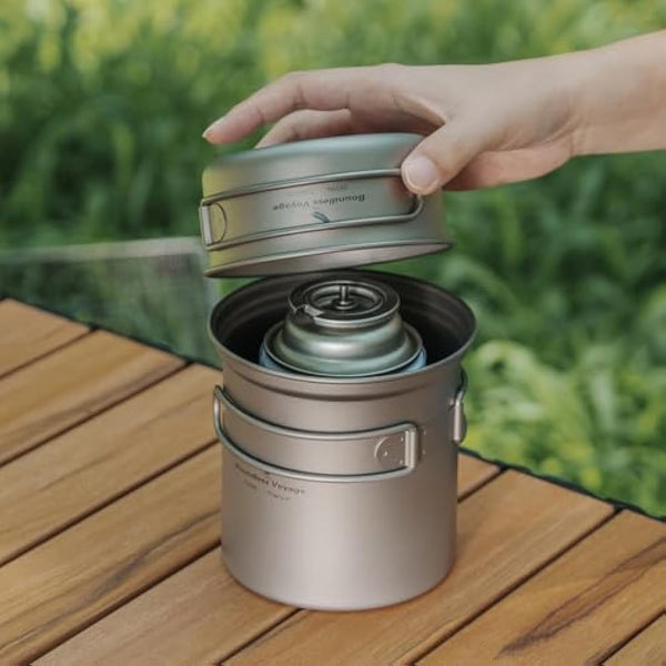 iBasingo Titanium Camping Pots Pans Set Lightweight Outdoor Backpacking Cookware with Folding Handle Compact Cooking Mess Kit Portable Travel Cookset, Rust-proof, Non-toxic