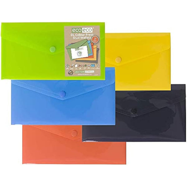 eco-eco DL 50% Recycled Assorted Colours Press Stud Popper Wallet, Plastic Folders (Pack of 25), eco079x25