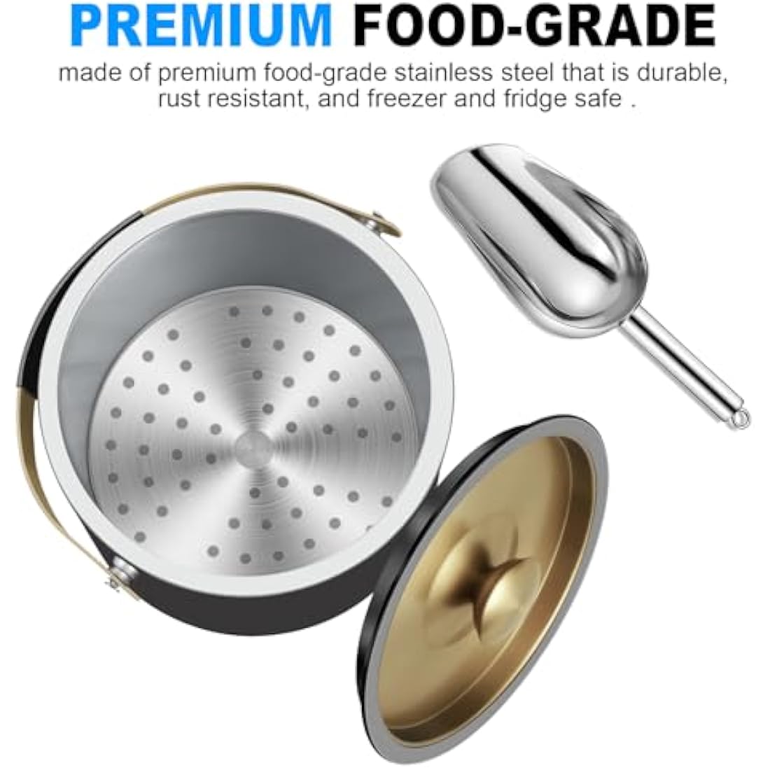 3.2L Modern Insulated Ice Bucket with Silicone Lid, Scoop, Strainer, Double Wall Stainless Steel Ice Bucket for Parties & Cocktail Bar,Ideal for Gift(Black)