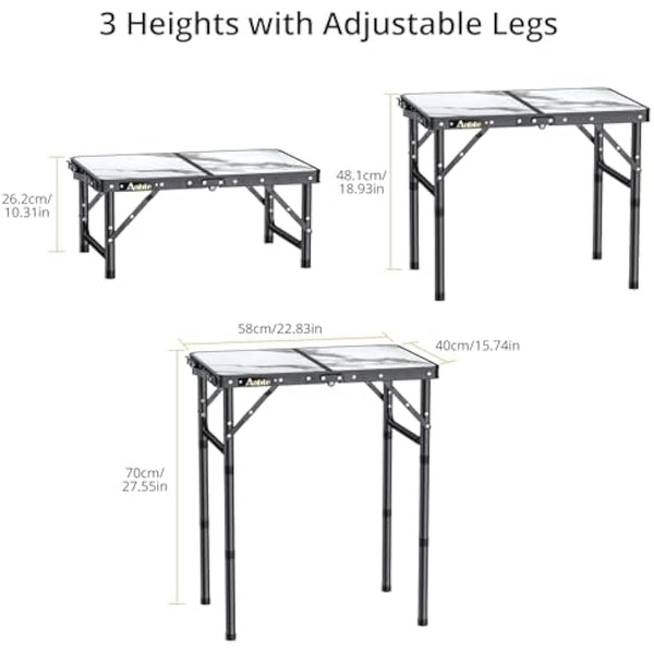 Anbte Folding Camping Table with Storage Net, 3 Adjustable Heights Aluminum Small Folding Table with Carry Handle, Lightweight, for Outdoor Indoor Travel Camping Picnic BBQ Beach, 58 cm x 40 cm