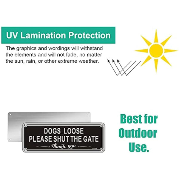 Dogs Loose Sign Dog Signs for Gates Shut The Gate Sign Aluminum 3.5'' x 9.8'' Reflective Dog Warning Signs,Fade Resistant, Waterproof, UV Resistant and Durable 1 Pack