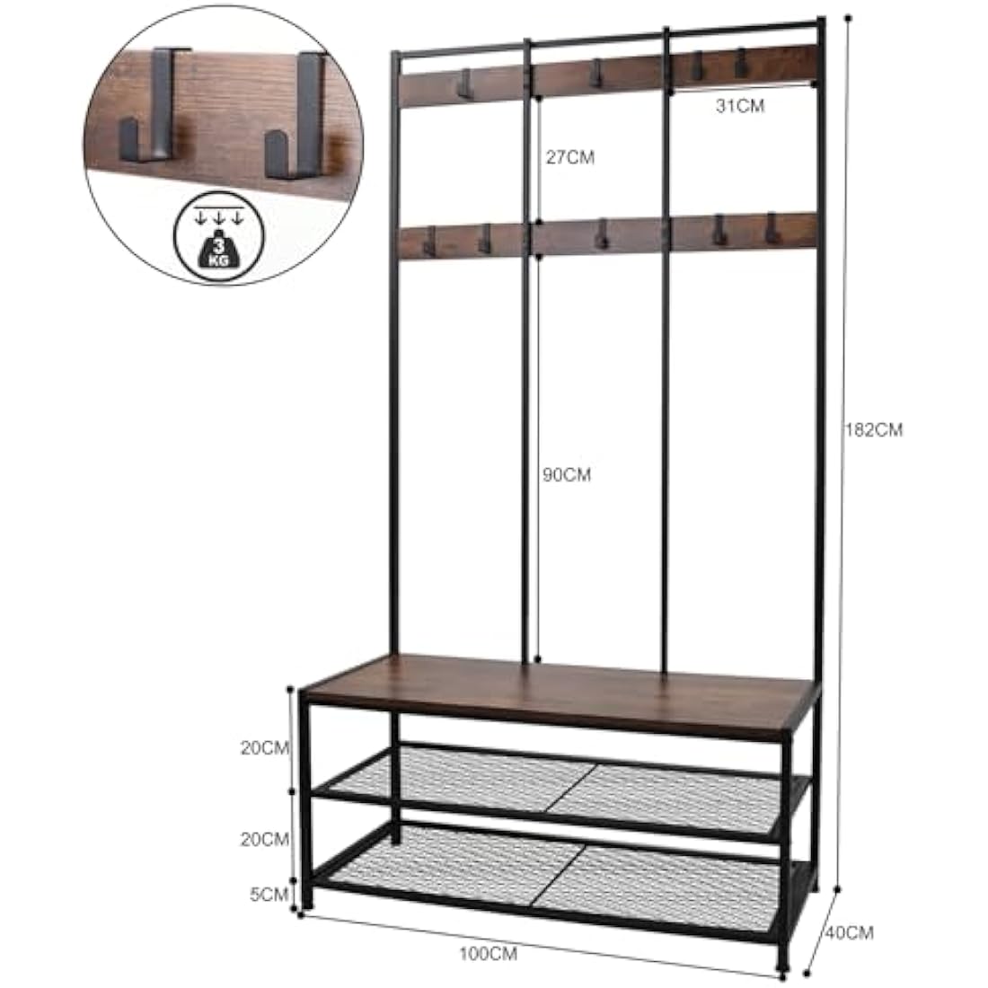 Dripex Large Coat Rack Stand Industrial Coat Stand with Hooks and Shoe Bench Clothes Hat Rack Shelf Metal Frame for Bedroom Living Room Hallway (with 12 Hooks)