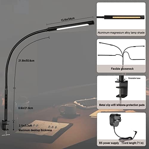 EYOCEAN Desk Lamp, LED Desk Lamp Desk Light with Flexible Gooseneck 12W Swing Arm Lamp Eye-Care Desk Light with Clamp Adjustable Color Temperature & Brightness Touch Sensitive Control Timing/Memory