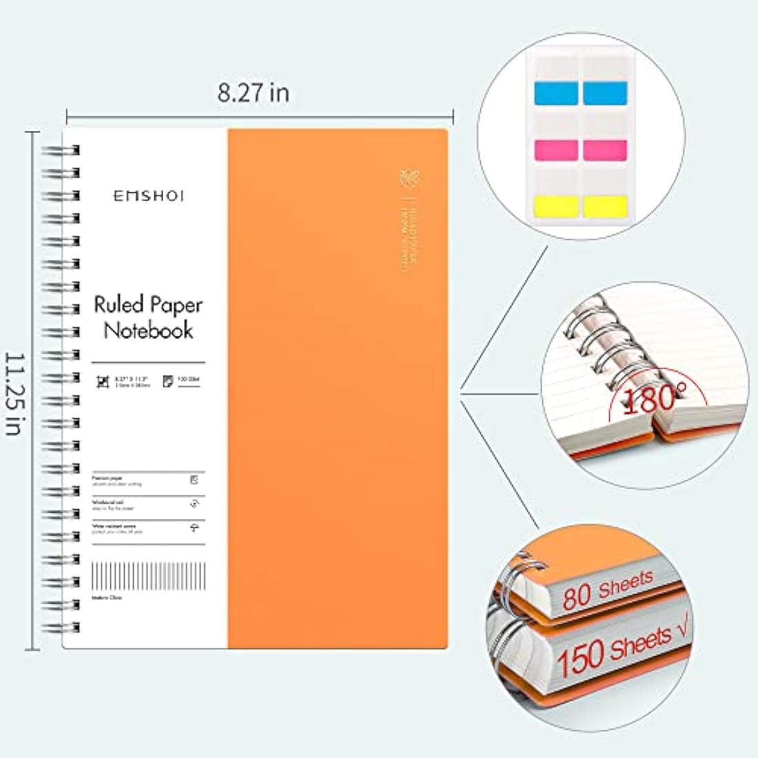 EMSHOI A4 Notebook College Ruled - 300 Pages/150 Sheets, Wirebound Notepad with 100gsm Lined Paper, Waterproof Softcover, Journal for Women Men Work Office School Writing, 21.5x27.9cm, Orange