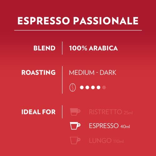 Lavazza, A Modo Mio Espresso Passionale, 96 Coffee Capsules, with Aromatic Notes of Caramel and Chocolate, 100% Arabica, Intensity 11/13, Dark Roasting, Compostable, 6 Packs of 16 Compostable Pods