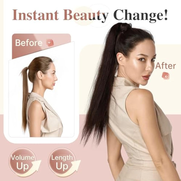Elailite Human Hair Ponytail Extension Straight - Wrap Around Clip in Real Hair Ponytail 100% Remy Hair (#2 Dark Brown, 14 Inch)