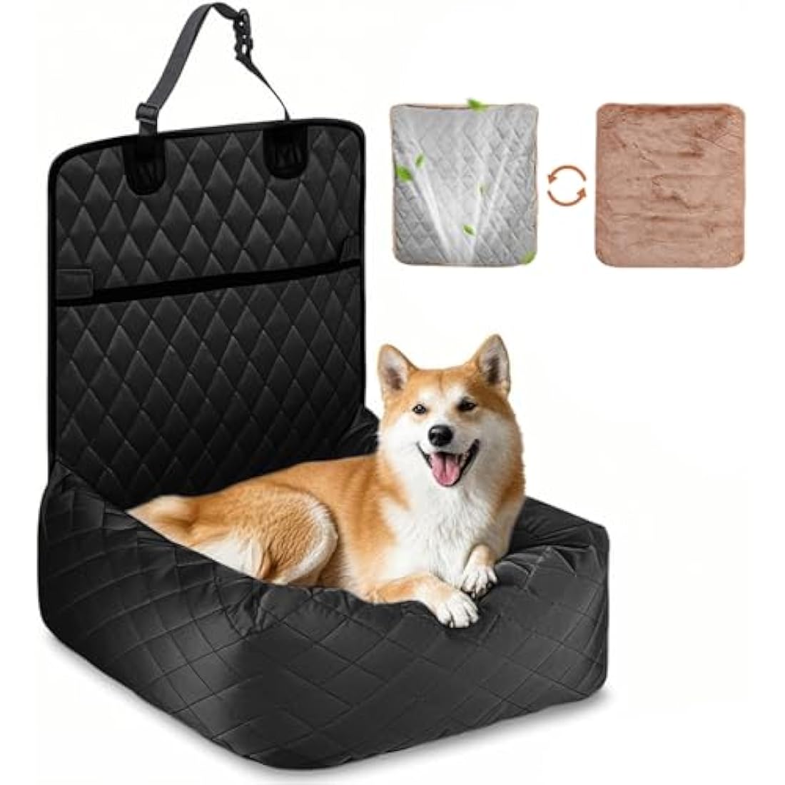 HAPPY HACHI Dog Bed Car Seat - Detachable Washable Dog booster Seat with Storage Pockets Safety Belts ，Waterproof Puppy Travel Carrier for Car (Black)
