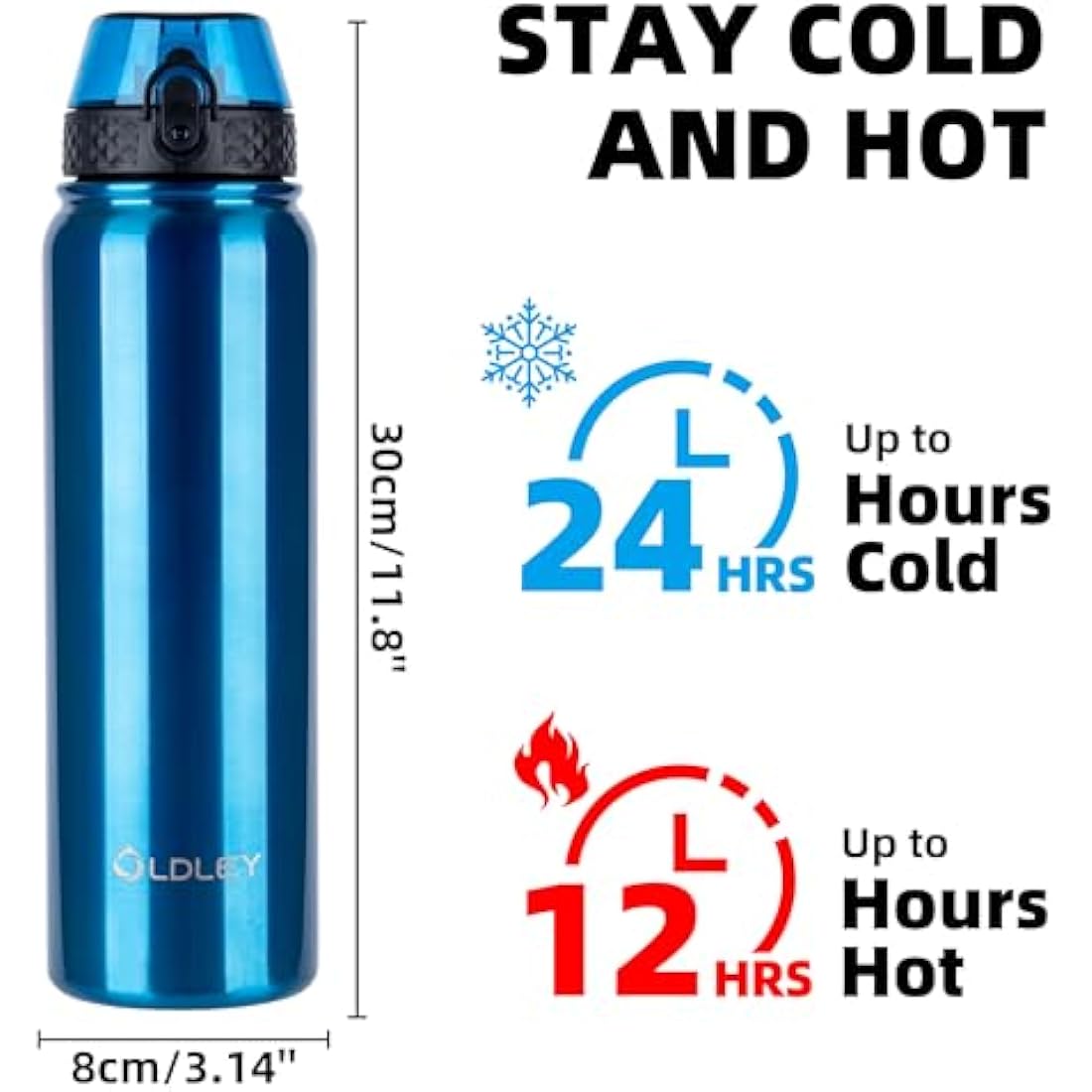 OLDLEY Stainless Steel Water Bottle with Straw 1L Vaccum Insulated Large Drink Flask Metal Water Bottles 1 Litre Leakproof Keep Drinks Hot Cold for Sports Travel Adult Women Men(Bright Blue, 1 Lid)