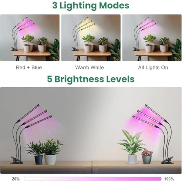 Garpsen Led Grow Light, 2PCS 3 Heads Full Spectrum Clip Plant Light for Indoor Plants, 120 LEDs Grow Lights, with 3 Switch Modes & Auto ON/Off 6/12/16H Timer, 5 Dimmable Levels (Red Blue Warm White)